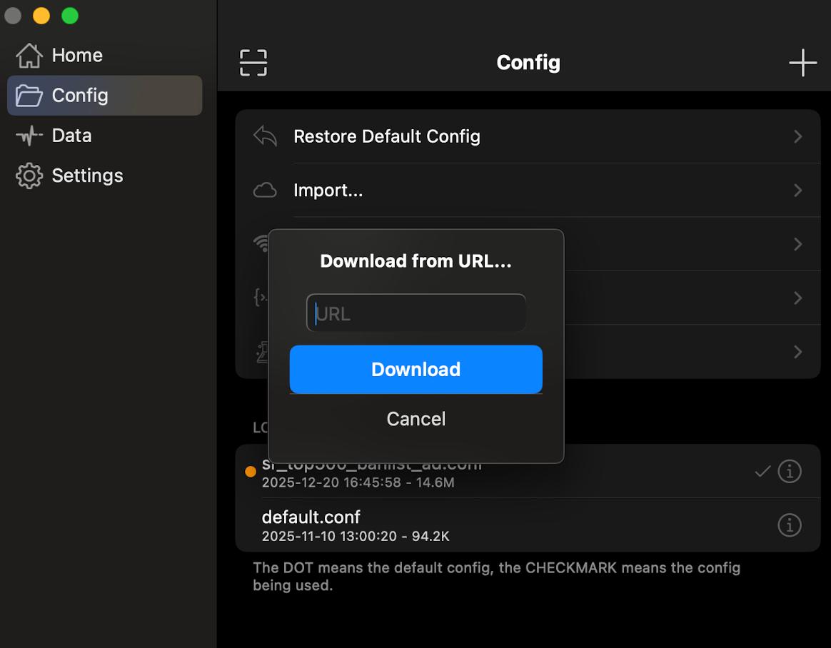 点击第二栏的config, 点击右上角的加号软件会提示输入url. 此时把下面的url粘贴到上面